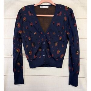 Zara Womens Floral Knit Cardigan Navy Blue Red V-Neck Button Front Cropped Large